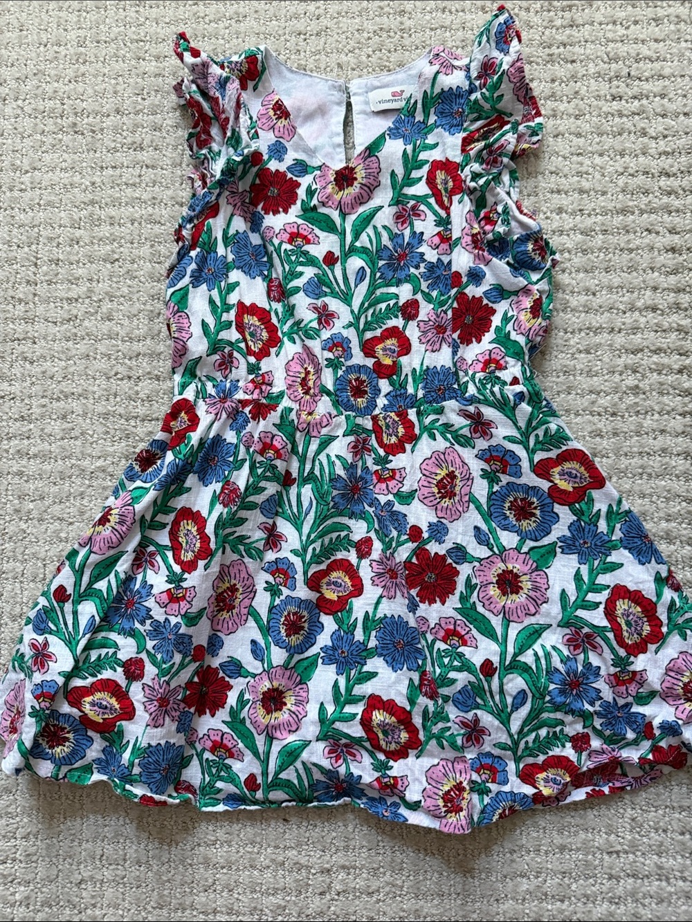 Girls Floral Ruffle Sleeve Dress - White with Multi-Color Flowers